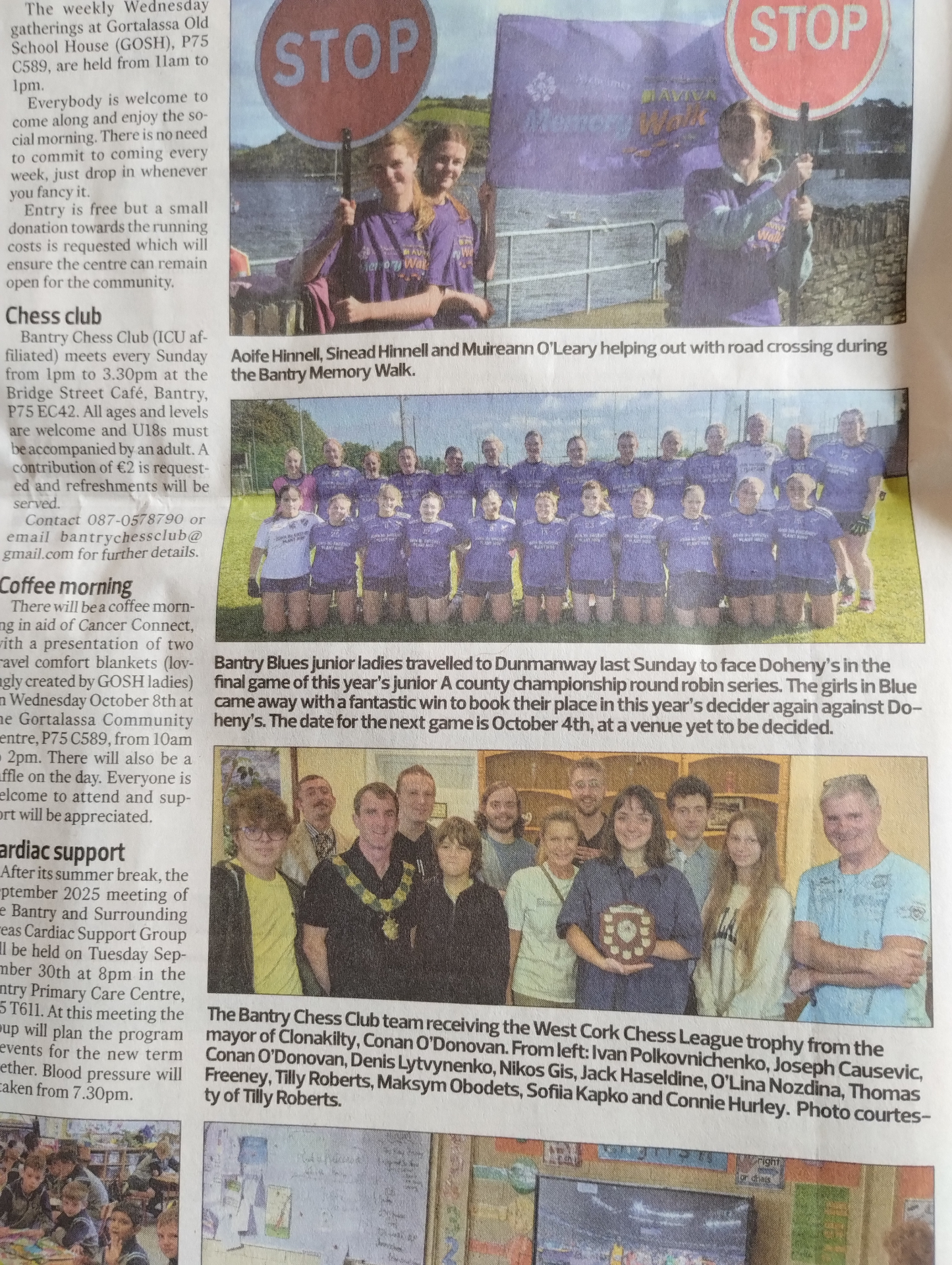 The Southern Star newspaper clipping featuring Bantry Chess Club receiving the West Cork Chess League trophy