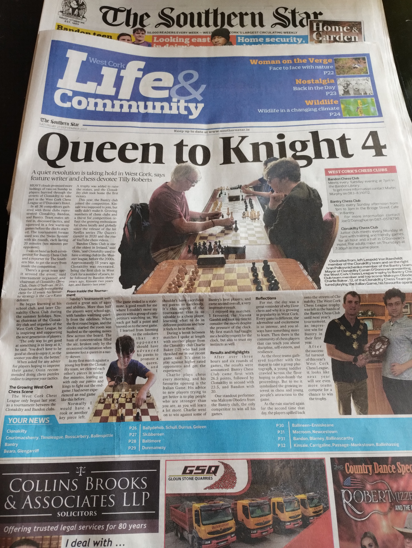 The Southern Star newspaper feature 'Queen to Knight 4' covering West Cork chess clubs